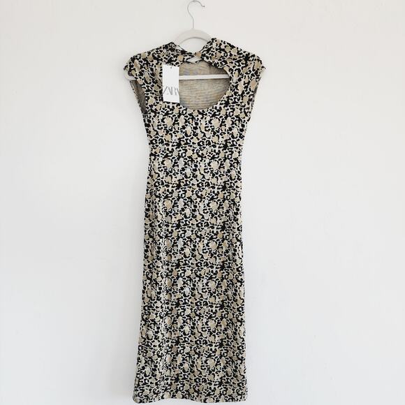 Zara Leopard Print Midi Dress Cap Sleeves Round Neck Size Small - Picture 8 of 9
